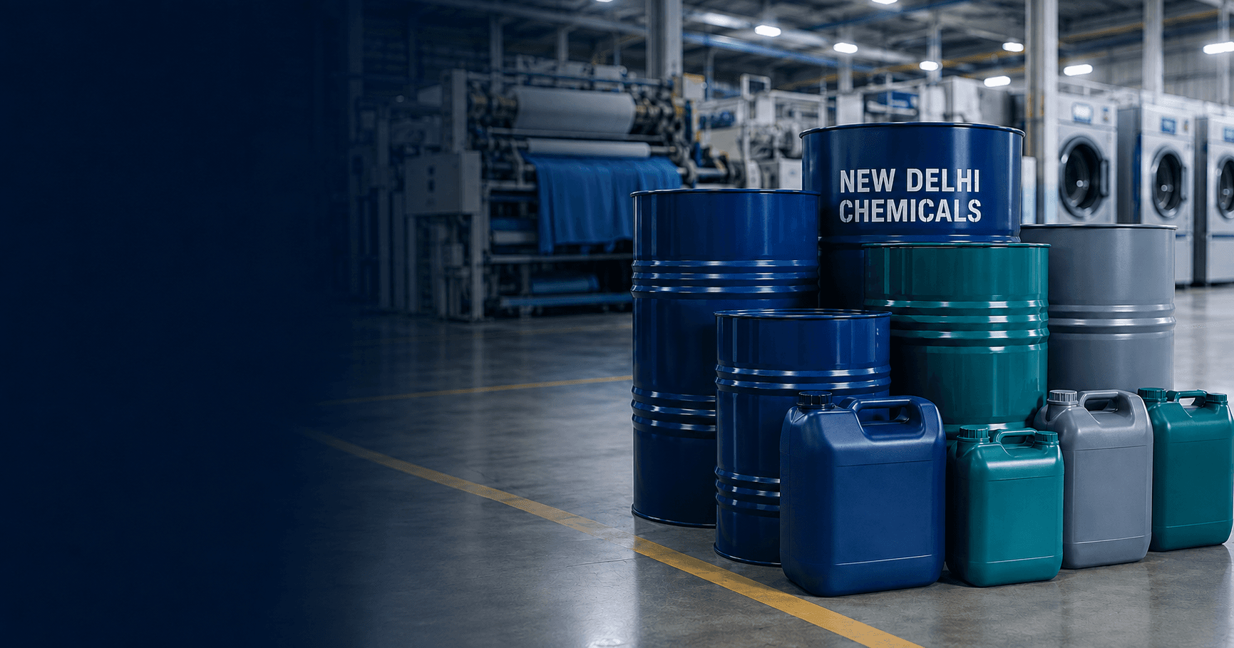 New Delhi Chemicals branded industrial drums and cans in an orderly textile production environment